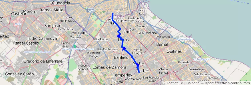 Mapa del recorrido Pompeya-San Jose de la línea 179 en Buenos Aires.