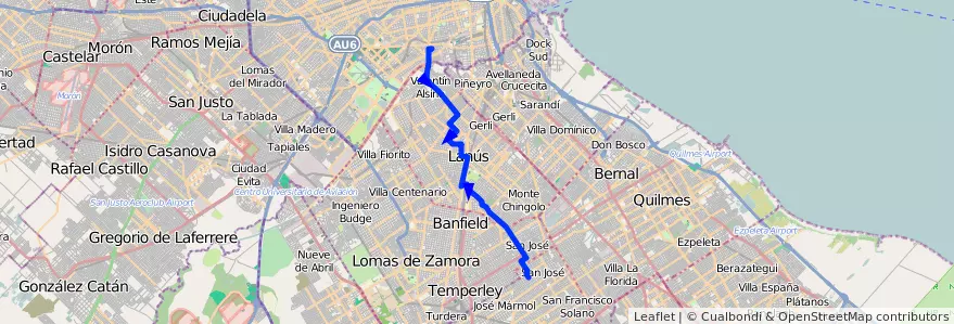 Mapa del recorrido Pompeya-San Jose de la línea 179 en Buenos Aires.