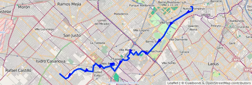 Mapa del recorrido Pompeya-Villegas de la línea 91 en Argentine.
