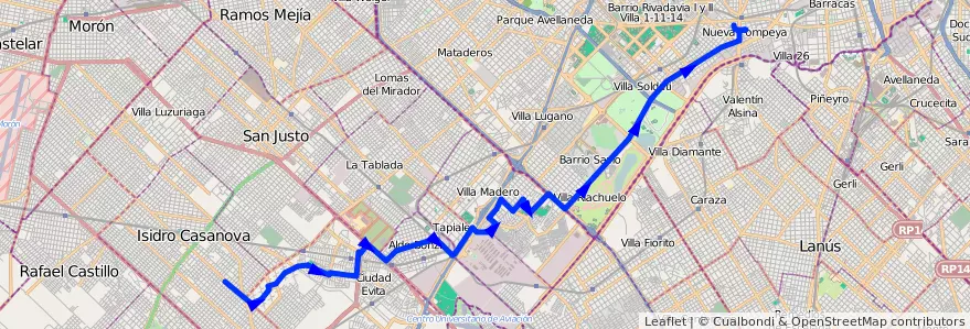 Mapa del recorrido Pompeya-Villegas de la línea 91 en Аргентина.