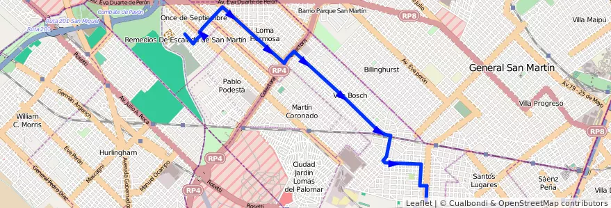 Mapa del recorrido P.Podesta-Est.Caseros de la línea 328 en Partido de Tres de Febrero.