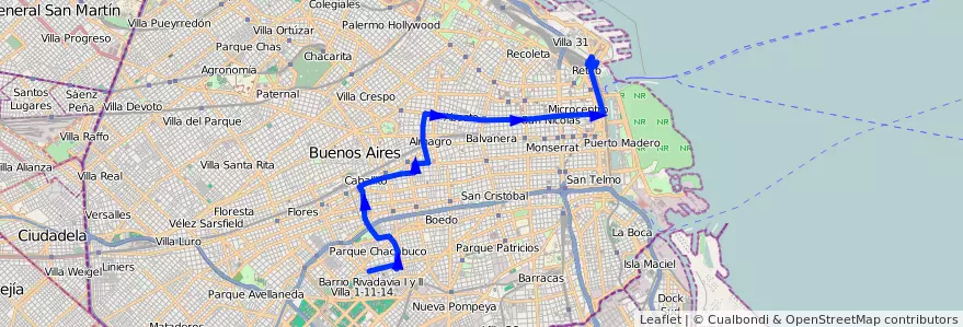 Mapa del recorrido Pque.Chacabuco-Retiro de la línea 26 en Ciudad Autónoma de Buenos Aires.