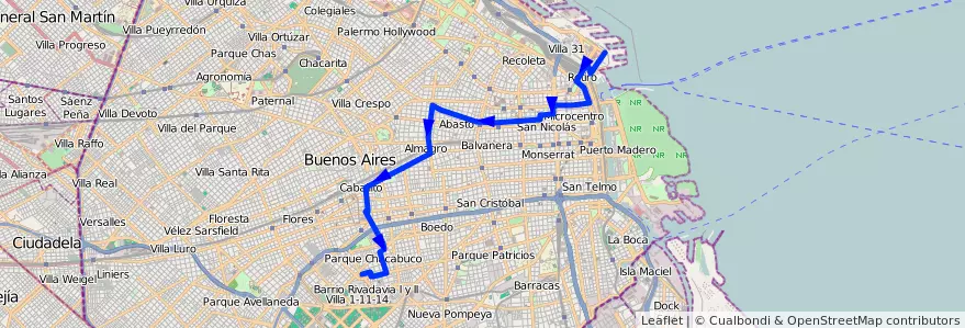 Mapa del recorrido Pque.Chacabuco-Retiro de la línea 26 en Ciudad Autónoma de Buenos Aires.