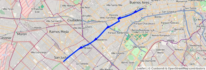 Mapa del recorrido Pra. Junta-San Justo de la línea 55 en Argentina.