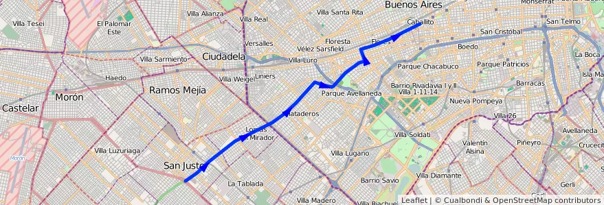 Mapa del recorrido Pra. Junta-San Justo de la línea 55 en 阿根廷.