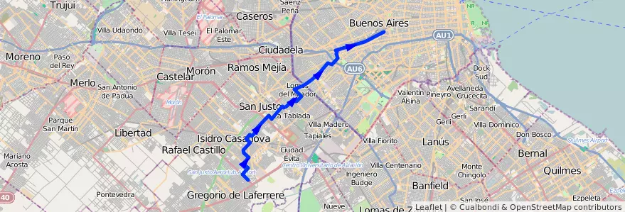 Mapa del recorrido Pra.Junta-Laferrere de la línea 49 en Аргентина.