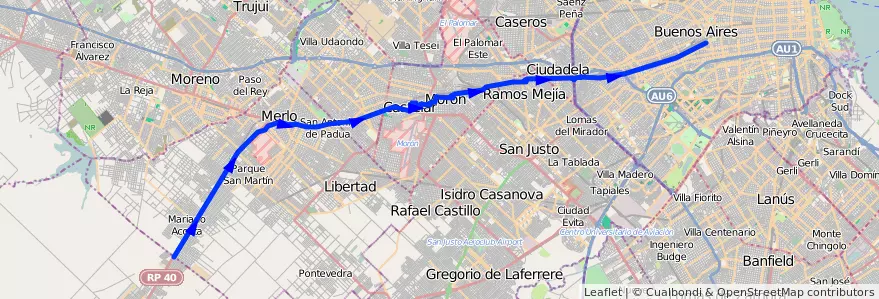 Mapa del recorrido Pra.Junta-M.Paz de la línea 136 en Argentina.