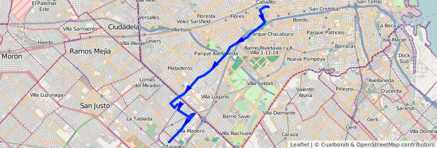 Mapa del recorrido Pra.Junta-Tapiales de la línea 103 en Аргентина.