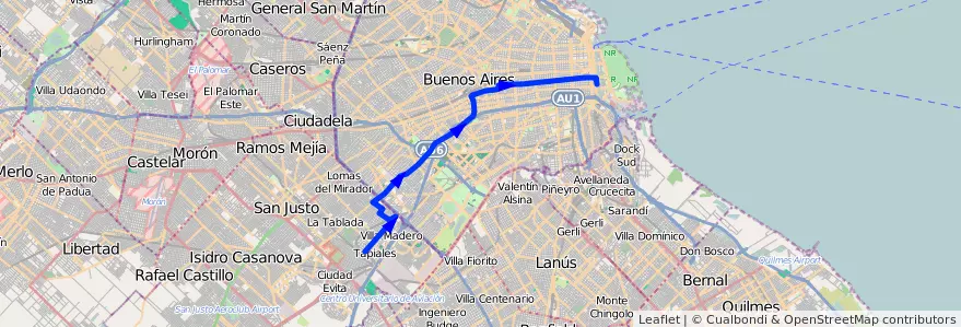 Mapa del recorrido Pto.Madero-Tapiales de la línea 103 en Arjantin.