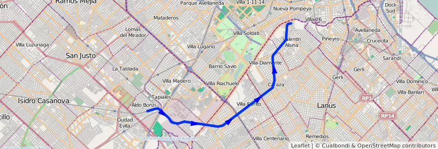 Mapa del recorrido Puente Alsina-Aldo Bonzi de la línea Ferrocarril General Belgrano en Buenos Aires.