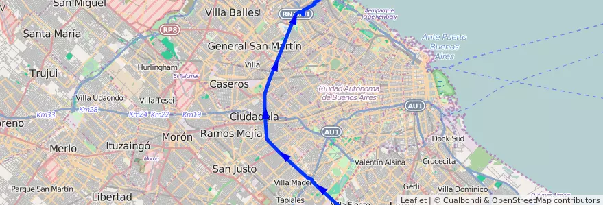 Mapa del recorrido Puente Saavedra de la línea 21 en Arjantin.