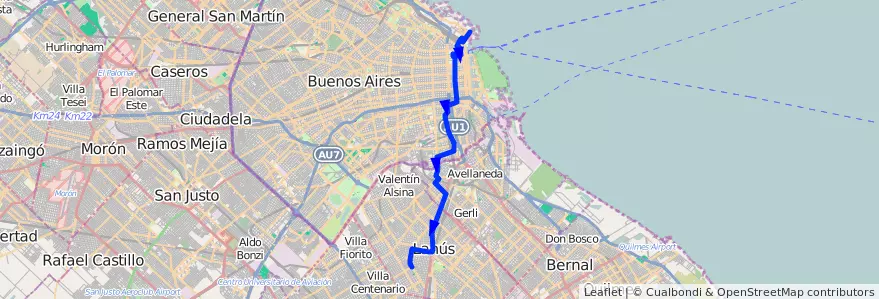 Mapa del recorrido Semirápido x Autopista de la línea 45 en Arjantin.