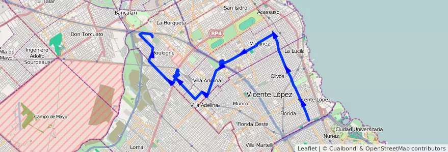Mapa del recorrido R1 Boulogne-Vte.Lopez de la línea 314 en Buenos Aires.