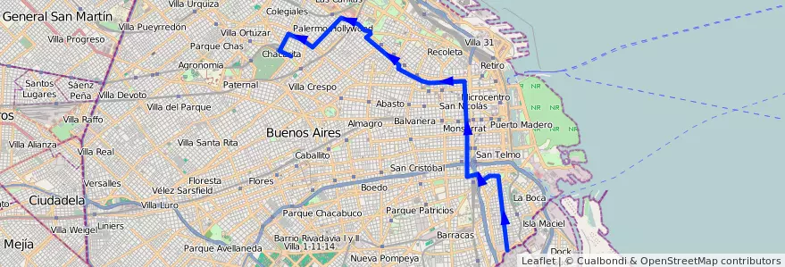 Mapa del recorrido Ramal 1 x Palermo Viejo de la línea 39 en Autonomous City of Buenos Aires.