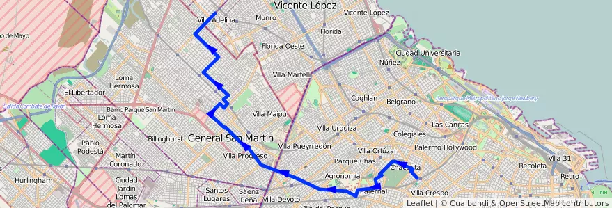 Mapa del recorrido R1 Chacarita-V.Adelina de la línea 78 en Argentina.