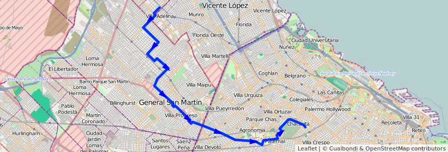 Mapa del recorrido R1 Chacarita-V.Adelina de la línea 78 en 아르헨티나.