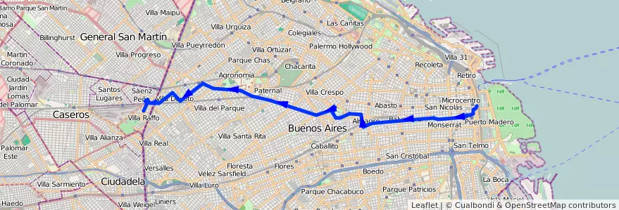 Mapa del recorrido R1 Correo-S.Pena de la línea 105 en Ciudad Autónoma de Buenos Aires.