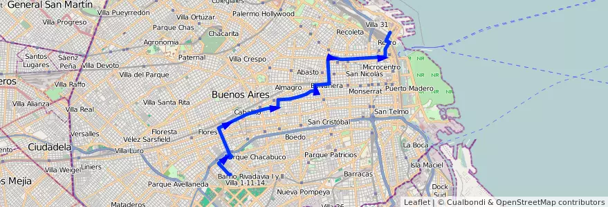 Mapa del recorrido R1 Ctrio.Flores-Retir de la línea 132 en Autonomous City of Buenos Aires.