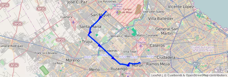 Mapa del recorrido R1 Est.Moron-Est.Lemo de la línea 269 en 布宜诺斯艾利斯省.