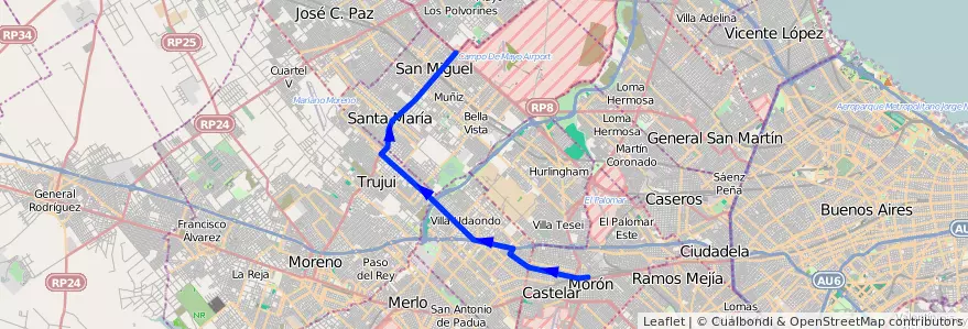Mapa del recorrido R1 Est.Moron-Est.Lemo de la línea 269 en Provincia di Buenos Aires.