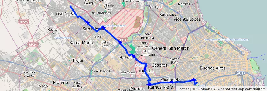Mapa del recorrido R1 Floresta-Jose C.Pa de la línea 182 en Provincia di Buenos Aires.