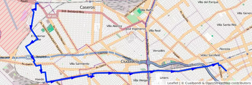 Mapa del recorrido R1 Floresta-Palomar de la línea 182 en 阿根廷.
