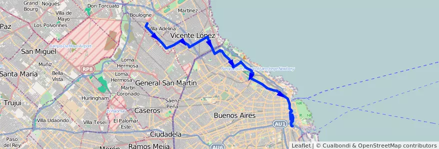Mapa del recorrido R1 La Boca-Boulogne de la línea 130 en Argentinië.