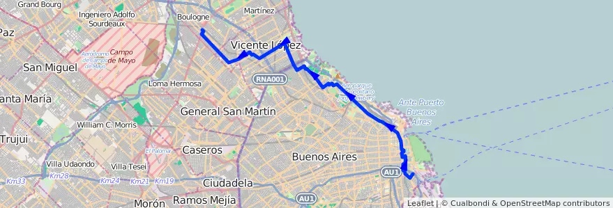 Mapa del recorrido R1 La Boca-Boulogne de la línea 130 en Argentina.