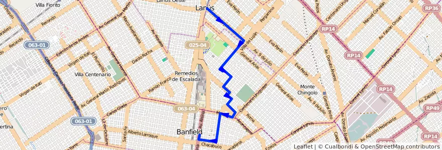 Mapa del recorrido R1 Lanus-Banfield de la línea 299 en Partido de Lanús.