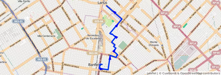Mapa del recorrido R1 Lanus-Banfield de la línea 299 en Buenos Aires.