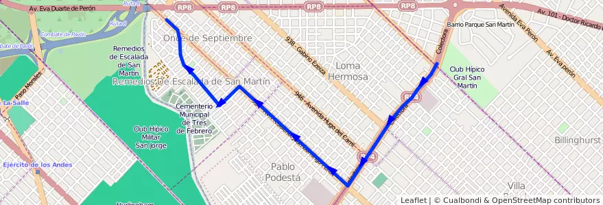 Mapa del recorrido R1 L.Hermosa-R.Escala de la línea 169 en Partido de Tres de Febrero.