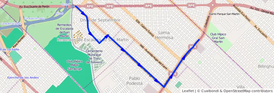 Mapa del recorrido R1 L.Hermosa-R.Escala de la línea 169 en Partido de Tres de Febrero.