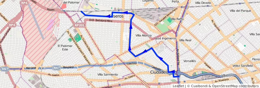 Mapa del recorrido R1 Liniers-El Palomar de la línea 289 en Partido de Tres de Febrero.