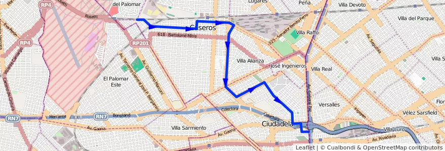 Mapa del recorrido R1 Liniers-El Palomar de la línea 289 en Partido de Tres de Febrero.