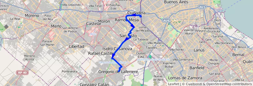 Mapa del recorrido R1 Liniers-Laferrere de la línea 378 en Partido de La Matanza.