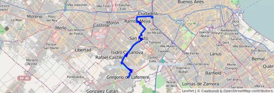 Mapa del recorrido R1 Liniers-Laferrere de la línea 378 en Partido de La Matanza.