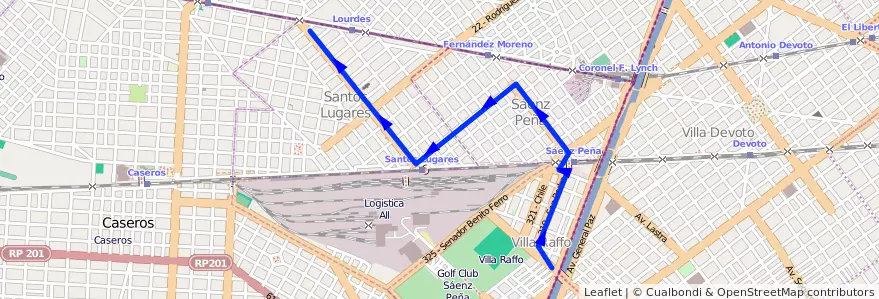 Mapa del recorrido R1 Liniers-Pza.Italia de la línea 161 en Partido de Tres de Febrero.