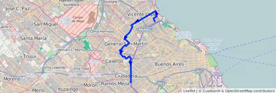 Mapa del recorrido R1 Liniers-Pza.Italia de la línea 161 en 布宜诺斯艾利斯省.