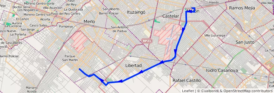 Mapa del recorrido R1 Moron-Matera de la línea 236 en Provincia di Buenos Aires.