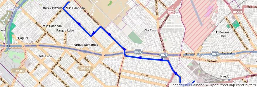 Mapa del recorrido R1 Moron-Udaondo de la línea 441 en Provinz Buenos Aires.