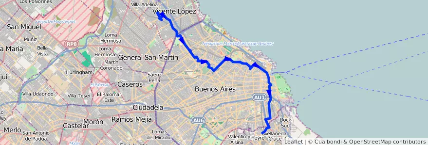 Mapa del recorrido R1 Munro-Avellaneda de la línea 93 en Argentine.