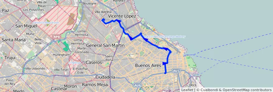 Mapa del recorrido Ramal 1 x Viaducto Carranza de la línea 41 en Argentina.