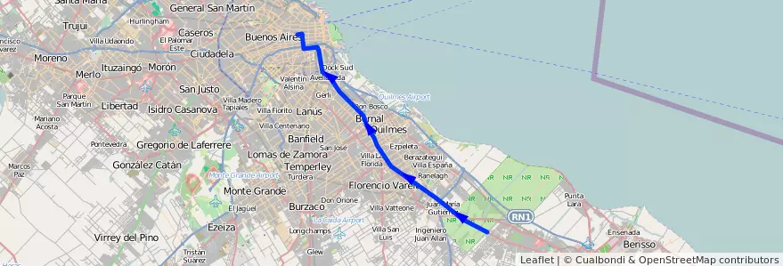 Mapa del recorrido R1 Once-La Plata de la línea 129 en Buenos Aires.
