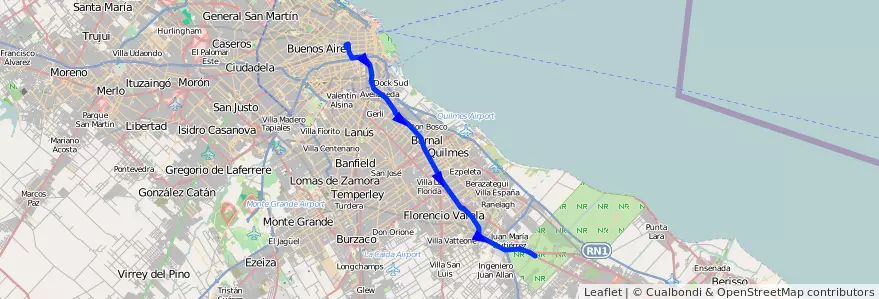 Mapa del recorrido R1 Once-La Plata de la línea 129 en Arjantin.