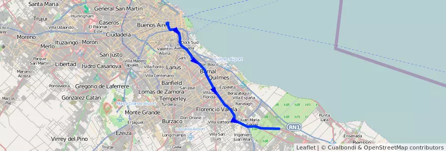 Mapa del recorrido R1 Once-Las Pipinas de la línea 129 en Buenos Aires.