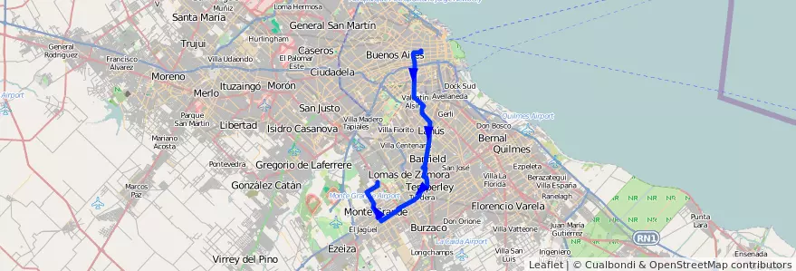 Mapa del recorrido R1 Once-Monte Grande de la línea 165 en Buenos Aires.