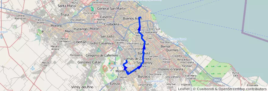 Mapa del recorrido R1 Once-Monte Grande de la línea 165 en Province de Buenos Aires.