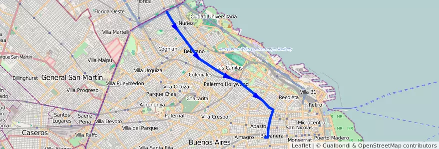Mapa del recorrido Ramal 1 x Viaducto de la línea 68 en Ciudad Autónoma de Buenos Aires.