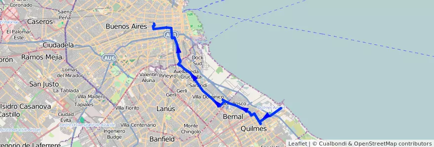 Mapa del recorrido R1 Once-Quilmes de la línea 98 en Argentina.