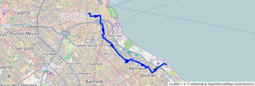 Mapa del recorrido R1 Once-Quilmes de la línea 98 en Arjantin.